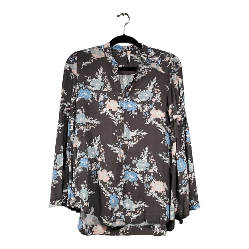Free People Women's Grey Floral Printed Easy Girl Long Bell Sleeve Blouse Sz XS